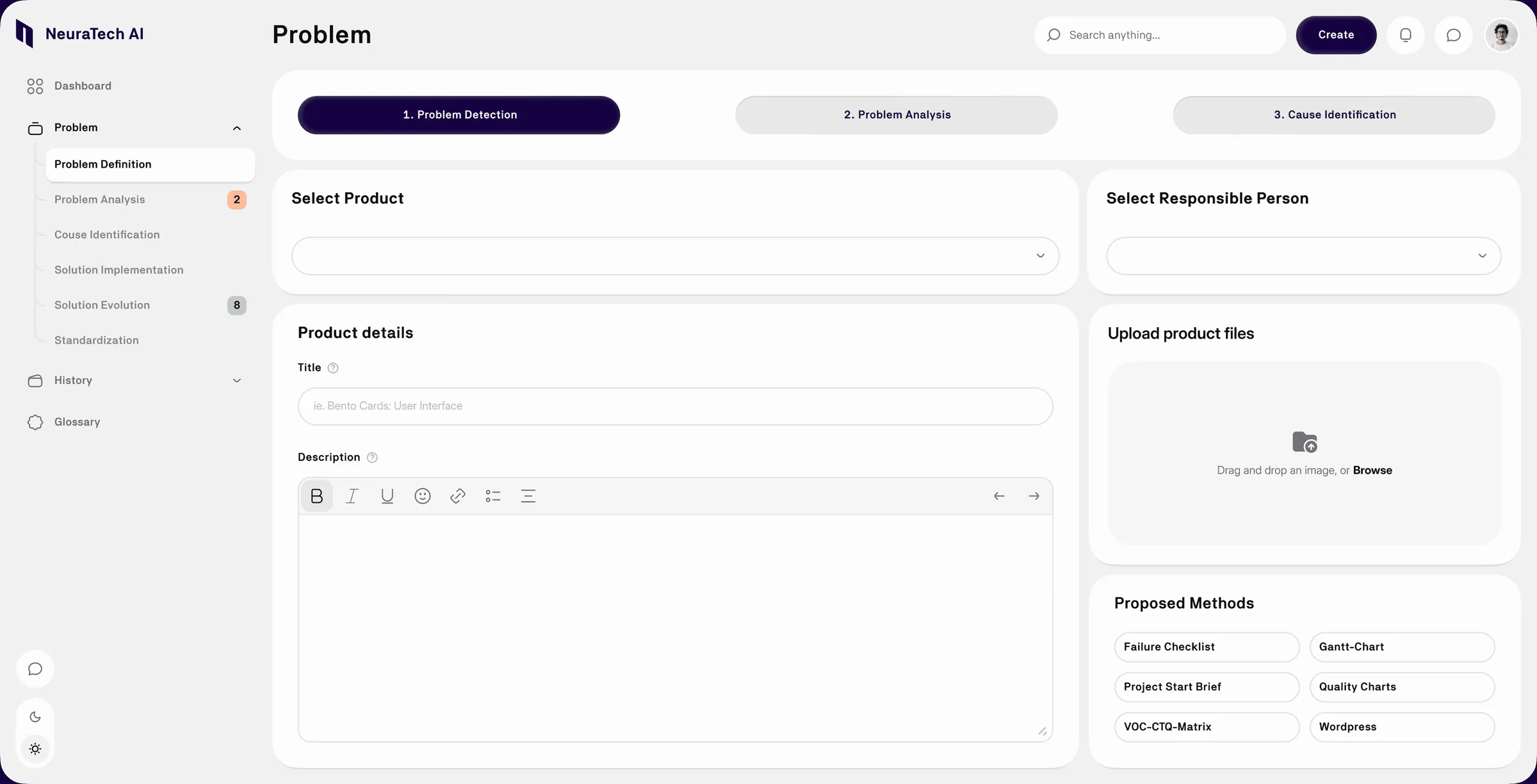 Failure management system user interface showing issue tracking and analysis views